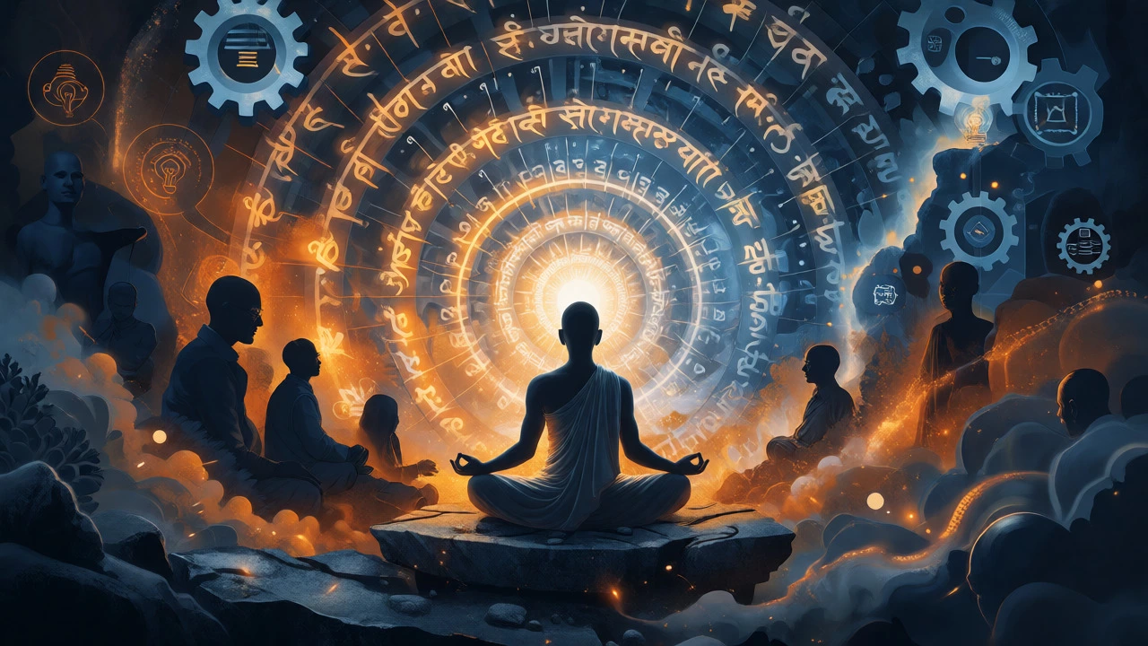 Surreal artwork blending ancient symbols and modern tech around a meditating figure